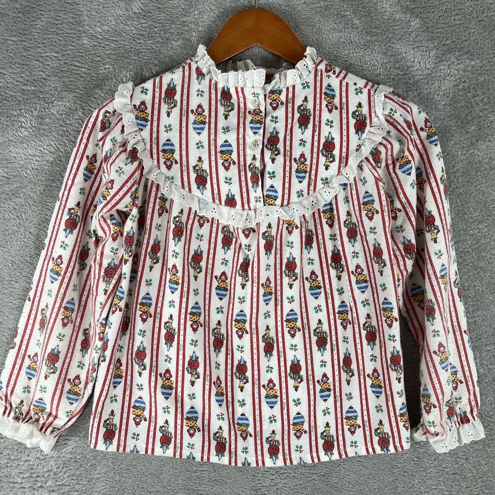 Lanz of Salzburg Pajama Top Girls Size 8 White Clown Stripe‎ Eyelet Lace Vintage
